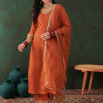 hread Work Straight Kurta With Trousers & Dupatta
